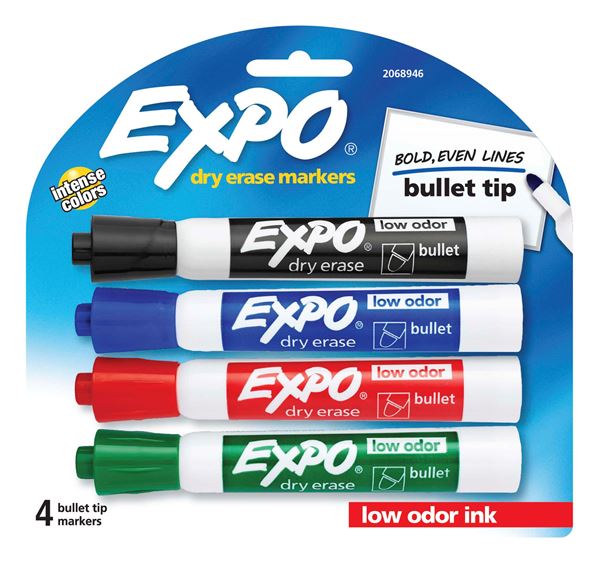 EXPO Dry Erase Markers Bullet Marker 4-Pack. 4x Assorted Colours. Includes Red, Blue, Green, & Black Colours. Bright, Vivid, Non-toxic Ink. Quick Drying. Smear-proof. Erases Cleanly & Easily with Cloth.