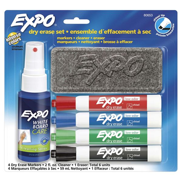 EXPO Dry Erase Markers Chisel Tip with Cleaning Spray & Eraser Includes Red, Blue, Green, & Black Colours. Bright, Vivid, Non-toxic Ink. Quick Drying. Smear-proof. Erases Cleanly & Easily with Cloth.