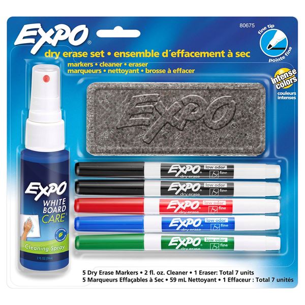 EXPO Dry Erase Markers with Fine Point Tips, Cleaning Spray & Eraser Includes Red, Blue, Green, & Black Colours. Bright, Vivid, Non-toxic Ink. Quick Drying. Smear-proof. Erases Cleanly & Easily with Cloth.