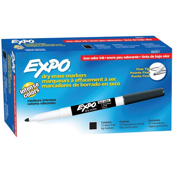 EXPO Dry Erase Markers with Fine Point Tips 12-Pack. Black Colour Bright, Vivid, Non-toxic Ink. Quick Drying. Smear-proof. Erases Cleanly & Easily with Cloth.