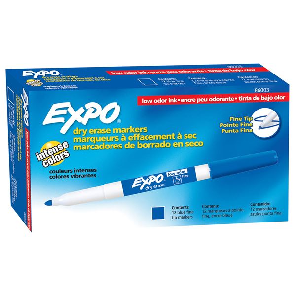 EXPO Dry Erase Markers with Fine Point Tips 12-Pack. Blue  Colour Bright, Vivid, Non-toxic Ink. Quick Drying. Smear-proof. Erases Cleanly & Easily with Cloth.
