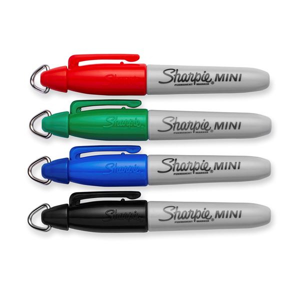 Sharpie  4-Pack Mini Fine Point Permanent Markers. Permanent on most Surfaces. Quick Drying, Fade & Water-resistant Ink. Includes 4x Colours Black, Blue, Green & Red.