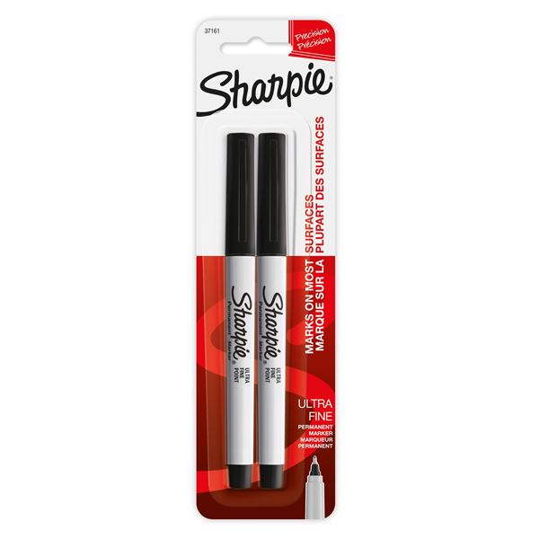 Sharpie  2-Pack Ultra Fine Point Permanent Black Colour Marker. Permanent on most Surfaces. Quick Drying, Fade & Water-resistant Ink. Precise, Narrow Tip for Extreme Control. Non-toxic.