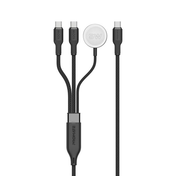 PROMATE 1.4m 100W High-Speed Multi Device Charging Cable with Apple Watch Charger. 2x 100W PD USB-C Connector Cables, Data & Charge, Supports 480Mbps. Black