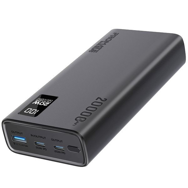 PROMATE 20000mAh Super Slim Smart Charging Power Bank with 20W Dual USB-C & 1x 22.5W USB-A QC 3.0 Port. LCD Battery Display, Compatible with All Smart Phones & Tablets. Automatic Voltage Regulation. Black