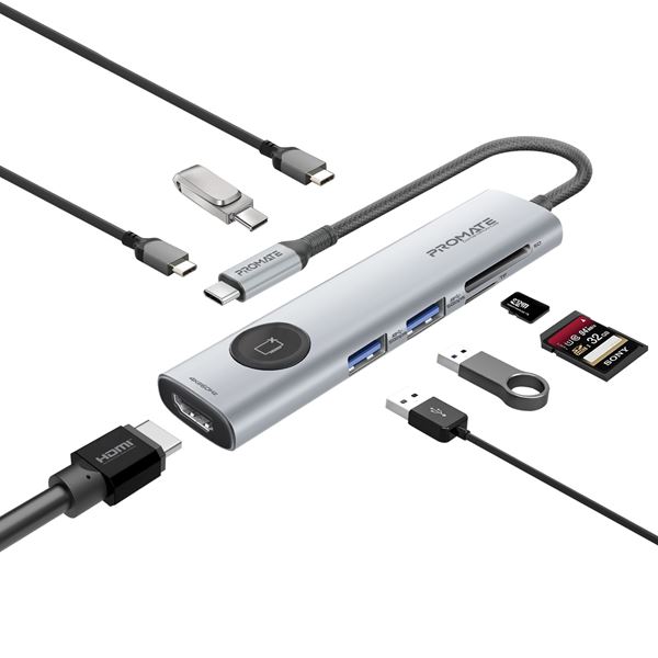 PROMATE 7-in-1 USB Multi-port Hub with USB-C Connector. Includes 1x HDMI Port, 2x USB-A 5V/1A Ports, 1x USB-C 100W PD Port, 2x USB-C 5V/1A Ports, SD/TF Card Reader, Privacy Screen Button.