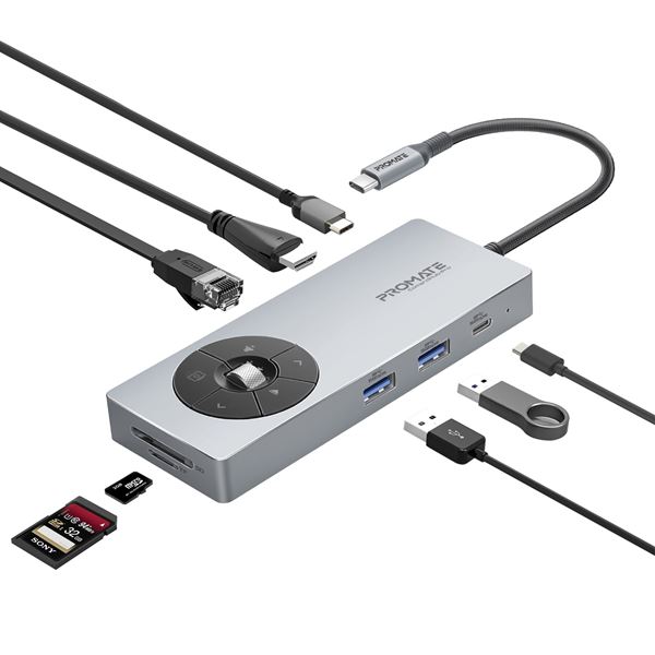PROMATE 14-in-1 USB Multi-port Hub with USB-C Connector. Includes 1x HDMI Port, 1x RJ45 1000Mbps Lan Port, 2x USB-A 5V/1A Ports, 3x USB-C 100W PD Ports, SD/TF Card Reader, Privacy Screen.