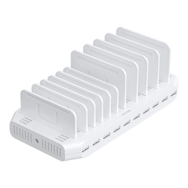 UNITEK 10-Port 60W Smart Charging Station with 10x 2.4A USB-A Ports. Power: 60W. Over-charge, Over Voltage, Over Heating & Short Circuit Protection. Includes Adjustable Separators.