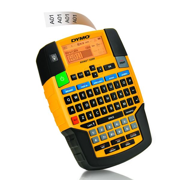Dymo Rhino 4200 Industrial Label with QWERTY keyboard. Includes over symbols & terms for electrical, pro AV/security and facilities management. Hot Key short cuts. Batteries NOT Included - 6x AAA Req