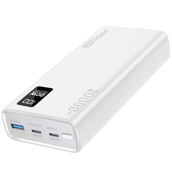 PROMATE 20000mAh Super Slim Smart Charging Power Bank with 20W Dual USB-C & 1x 22.5W USB-A QC 3.0 Port. LCD Battery Display, Compatible with All Smart Phones & Tablets. Automatic Voltage Regulation. White