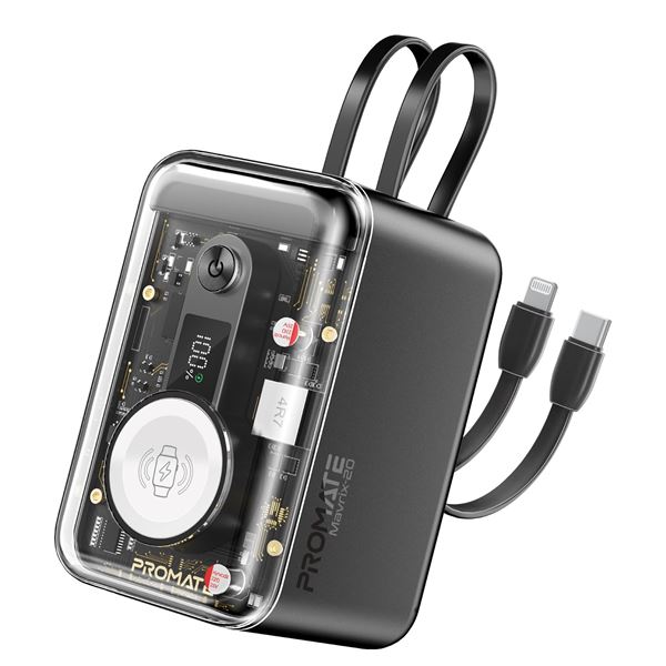 PROMATE 20000mAh 4-in-1 Smartphone & Apple Watch Charging Power Bank with Dual USB-C & Lightning Cable Connectors, 35W PD USB-C In/Out QC 3.0 Port, Smart LED Display.