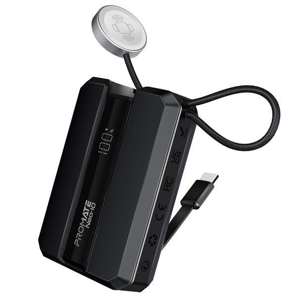 PROMATE 10000mAh 30W PD Ultra-Fast Power Bank with Built-in USB-C Cable & Apple Watch Charger. USB-C In/Out Port, Smart LED Screen, Lightweight & Portable, Black Colour.