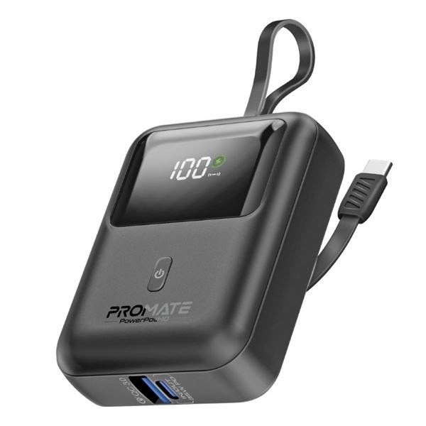 PROMATE 10000mAh Ultra Compact 35W SuperSpeed Power Bank with Built-in USB-C & Lightning Cables. 35W PD, USB-C In/Out. LED Battery Display. Automatic Voltage Regulation. Black Colour.