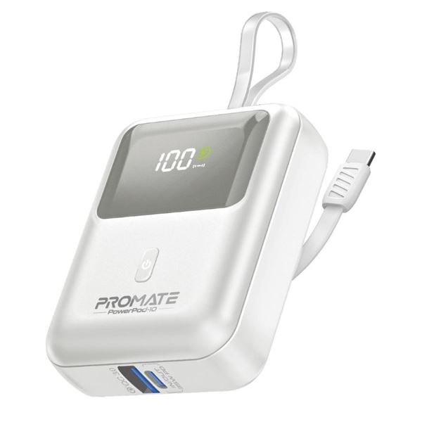 PROMATE 10000mAh Ultra Compact 35W SuperSpeed Power Bank with Built-in USB-C & Lightning Cables. 35W PD, USB-C In/Out. LED Battery Display. Automatic Voltage Regulation. White Colour.