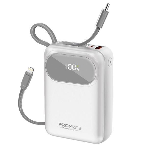 PROMATE 20000mAh Ultra Compact 35W SuperSpeed Power Bank with Built-in USB-C & Lightning Cables. 35W PD, USB-C In/Out. LED Battery Display. Automatic Voltage Regulation. White Colour.