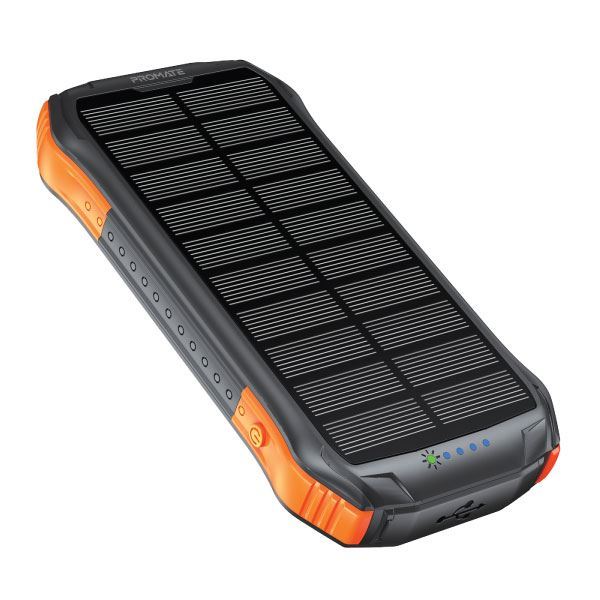 PROMATE 10000mAh Rugged EcoLight Solar IP65 Power Bank with 10W Wireless Qi Charging. Supports 20W Power Delivery, 10W Wireless Charging, 18W Super Fast Charging Input, 300lm Flash Light.