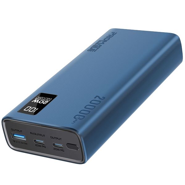 PROMATE 20000mAh Super Slim Smart Charging Power Bank with 20W Dual USB-C & 1x 22.5W USB-A QC 3.0 Port. LCD Battery Display, Compatible with All Smart Phones & Tablets. Automatic Voltage Regulation. Blue