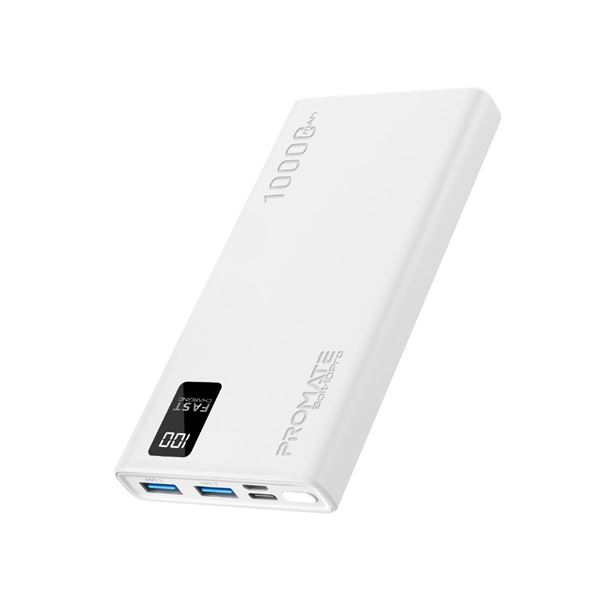 PROMATE 10000mAh Power Bank with Smart LED Display & Super Slim Design. Includes 2x USB-A & 1x USB-C Ports. 2A (Shared) Charging. Auto Voltage Regulation. Charge 3x Devices. White Colour.