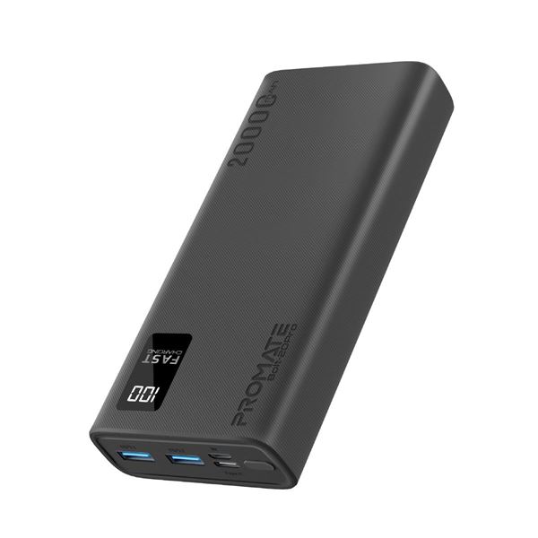 PROMATE 20000mAh Power Bank with Smart LED Display & Super Slim Design. Includes 2x USB-A & 1x USB-C Ports. 2A (Shared) Charging. Auto Voltage Regulation. Charge 3x Devices. Black Colour.