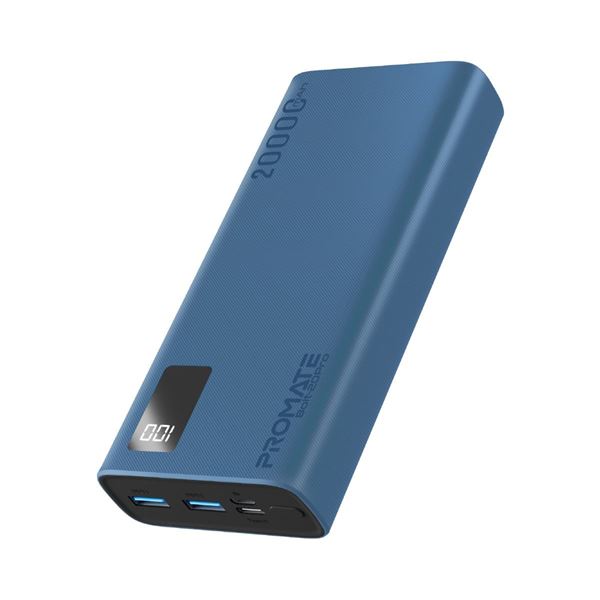 PROMATE 20000mAh Power Bank with Smart LED Display & Super Slim Design. Includes 2x USB-A & 1x USB-C Ports. 2A (Shared) Charging. Auto Voltage Regulation. Charge 3x Devices. Blue Colour.