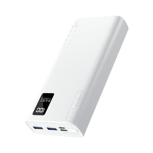 PROMATE 20000mAh Power Bank with Smart LED Display & Super Slim Design. Includes 2x USB-A & 1x USB-C Ports. 2A (Shared) Charging. Auto Voltage Regulation. Charge 3x Devices. White Colour.