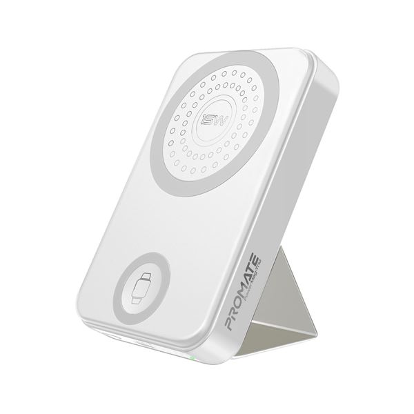 PROMATE 10000mAh Dual Charging Magsafe Wireless PowerBank. Perfect for iPhone, Watch, Airpods. 15W Magsafe Charger. 2.5W Apple Watch Charger. USB-C Port. 20W PD. Slim & Compact. White Colour.