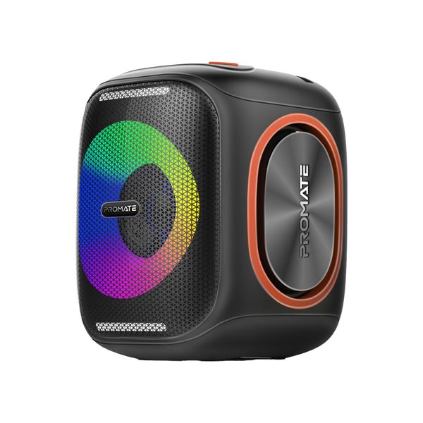 PROMATE 40W Portable BT Speaker with Dynamic RBG Lights. Up to 6 Hours Playback, AUX, USB, Inputs, IPX5, TWS, Battery Capacity 6000mAh, 4-6 Hours Playing Time, Includes 1m Charging Cable. Black