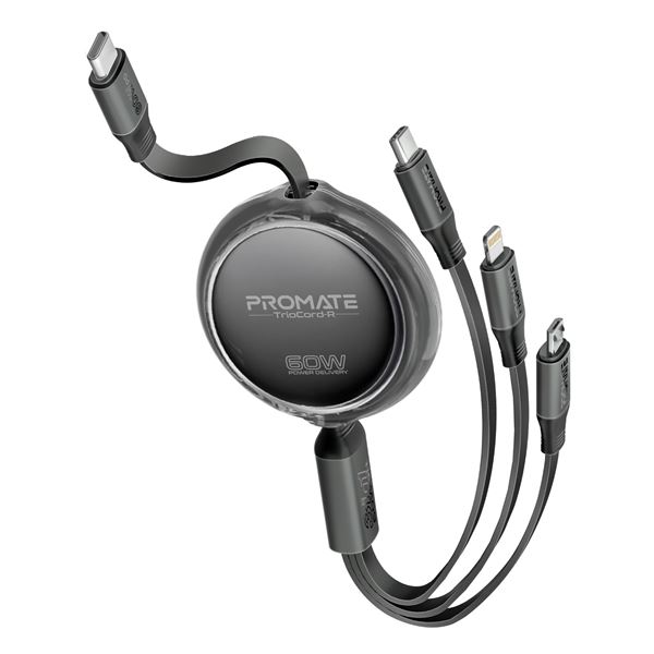 PROMATE 1.1m 3in1 Ultra-Fast USB-C Retractable Multi-Connector Cable. Supports 60W PD USB-C to USB-C, USB-C to 27W PD Lightning, USB-C to 10W Micro-USB, Supports Data & Charge. Black