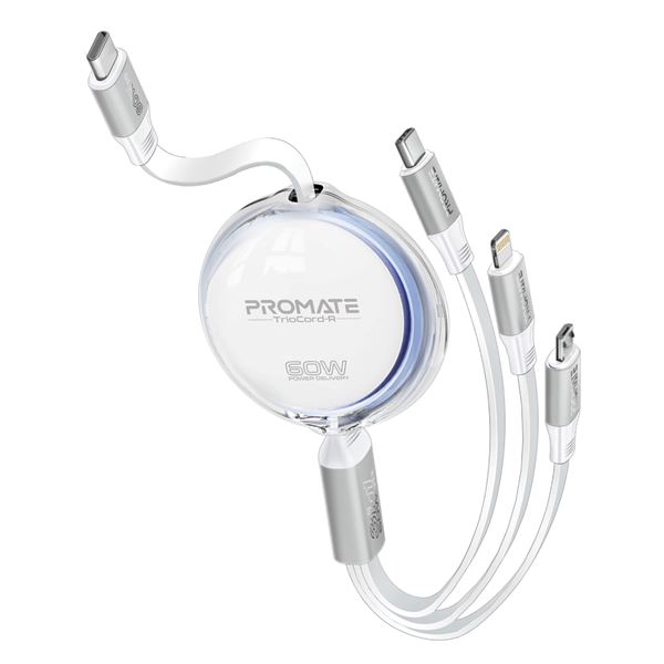 PROMATE 1.1m 3in1 Ultra-Fast USB-C Retractable Multi-Connector Cable. Supports 60W PD USB-C to USB-C, USB-C to 27W PD Lightning, USB-C to 10W Micro-USB, Supports Data & Charge. White