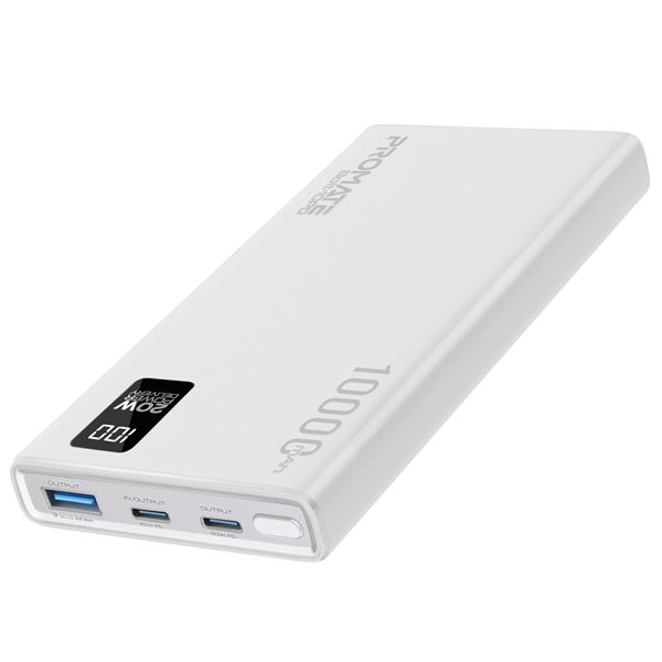 PROMATE 10000mAh Super Slim Smart Charging Power Bank with 20W Dual USB-C & 1x 22.5W USB-A QC 3.0 Port. LCD Battery Display, Compatible with All Smart Phones & Tablets. Automatic Voltage Regulation. White