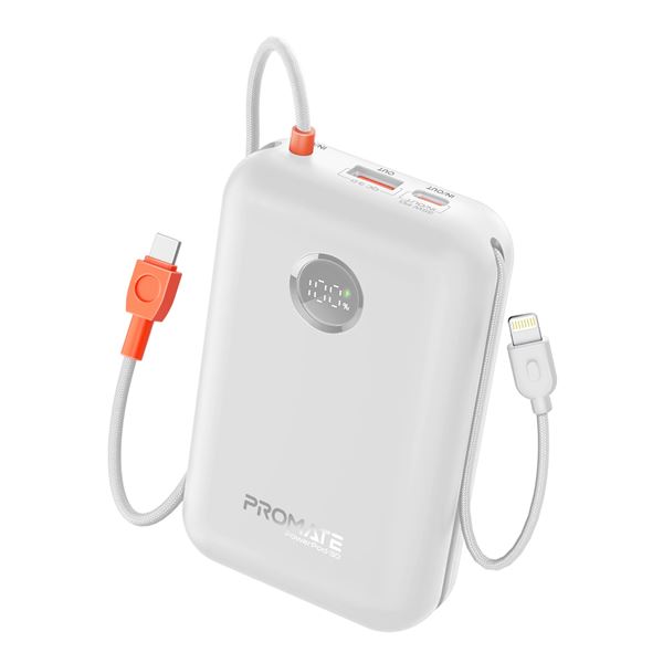 PROMATE 30000mAh Ultra Compact 35W SuperSpeed Power Bank with Built-in USB-C & Lightning Cables. 35W PD, USB-C In/Out. LED Battery Display. Automatic Voltage Regulation. White
