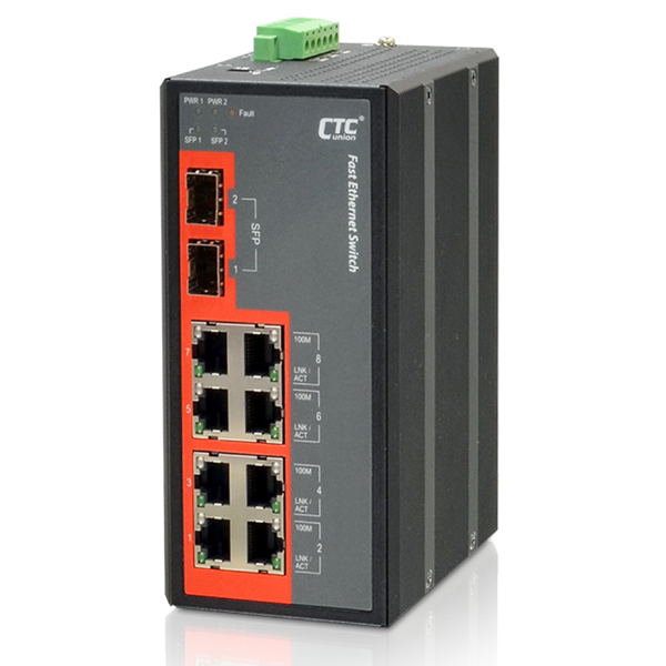 CTC UNION 8 Port Fast Ethernet Unmanaged Switch. -10 ~ 60°C. 8x 10/100BaseTX UTP with 2x 1000Base-X SFP Port. Power Consumption 12/24/48VDC/4.4W. Dinmount Kit Included.