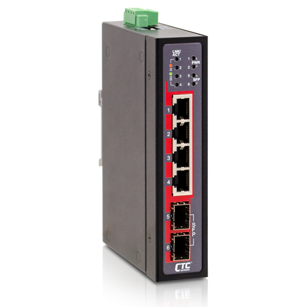 CTC UNION 4 Port Fast Ethernet Unmanaged Switch. -10 ~ 60°C. 4x 10/100BaseTX UTP with 2x 1000Base-X SFP Port. Power Consumption VDC/W: 12/4.7, 24/4.8 and 48/5.3. Dinmount Kit Included.