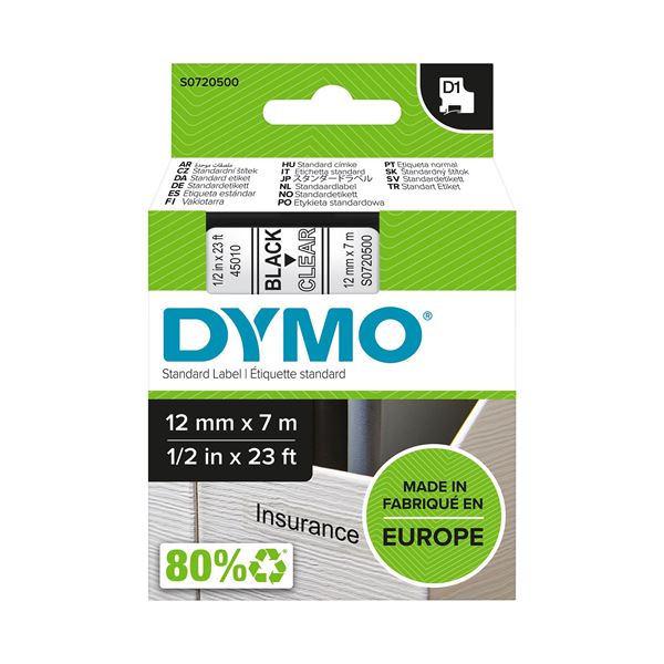 DYMO Genuine D1 Label Cassette Tape 12mm x 7M,  Black on Clear. Suitable for the LabelManager and LabelWriter Duo label makers