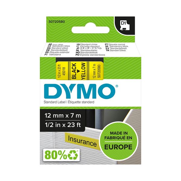 DYMO Genuine D1 Label Cassette Tape 12mm x 7M, Black on Yellow Suitable for the Label  Manager and LabelWriter Duo label makers