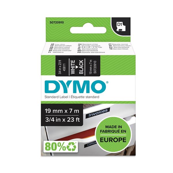 DYMO Genuine D1 Label Cassette Tape 19mm x 7M,  White on Black Suitable for the Label  Manager and LabelWriter Duo label makers