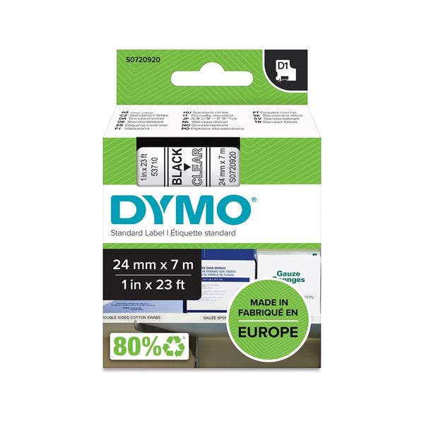 DYMO Genuine D1 Label Cassette Tape 24mm x 7M,  Black on Clear Suitable for the Label  Manager and LabelWriter Duo label makers