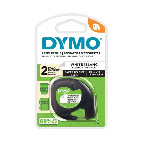 Dymo LT 92630 12mm x 4m Paper Whi 2pk Tapes for LetraTag labeller 10697