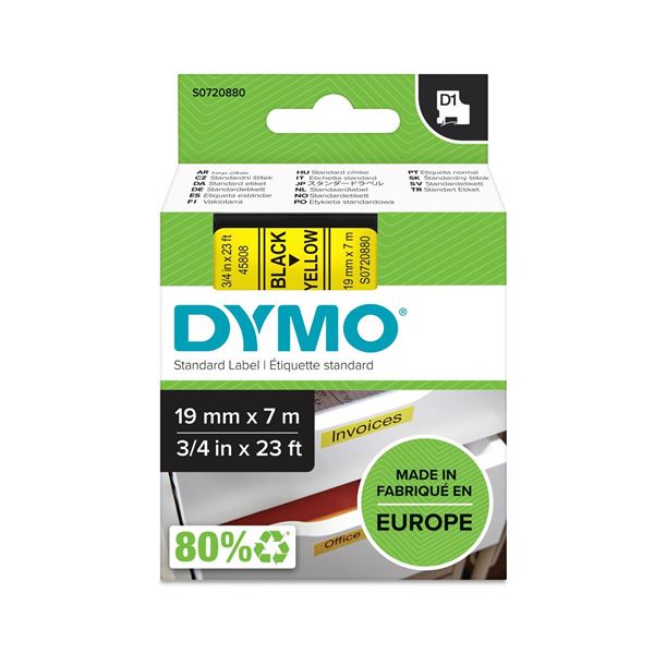 DYMO Genuine D1 Label Cassette Tape 19mm x 7M,  Black on Yellow Suitable for the Label  Manager and LabelWriter Duo label makers