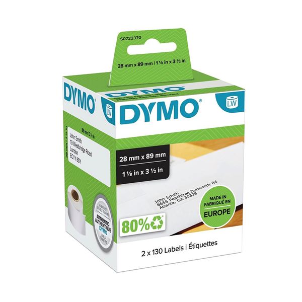 DYMO Genuine LabelWriter Address Labels (Self-Adhesive). 28mm x 89mm labels. Black Print on White. Two Rolls of 130 Labels per roll. Also Known As: 99010
