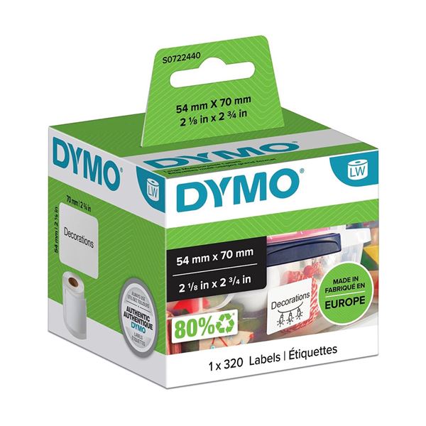 DYMO Genuine LabelWriter Multi- Purpose Labels, 54mm x 70mm Black on White, 320 labels per roll
