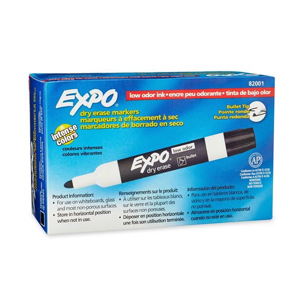 EXPO Dry Erase Markers Bullet Marker 12-Pack. Black Colour. Bright, Vivid, Non-toxic Ink. Quick Drying. Smear-proof. Erases Cleanly & Easily with Cloth.