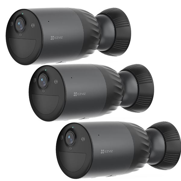 EZVIZ 8MP (4K) 3-Pack BC1C Outdoor IP65 Security Camera Bundle. 10400mAh Battery, Colour Night Vision, Two-Way Talk, H.264/265, Active Defence Siren, Human Detect, Includes FREE SOLAR Panel CMT-SOLAR