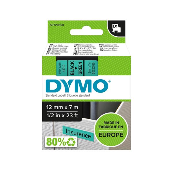 DYMO Genuine D1 Label Cassette Tape 12mm x 7M, Black on Green Suitable for the Label  Manager and LabelWriter Duo label makers