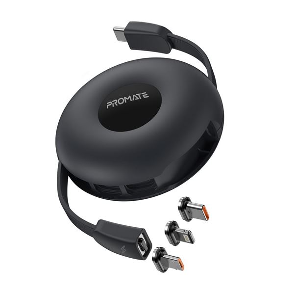 PROMATE 3in1 USB-C Retractable Data & Charge Cable with Changeable Magnetic Connectors. Includes USB-C Micro-USB & Lightning Connectors. Supports 60W USB-C & 20W Lightning PD, Auto Recoil. Black Colour