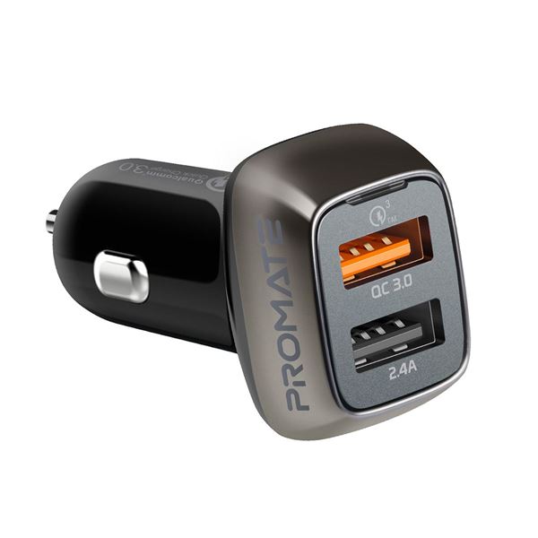 PROMATE 30W Car Charger with Dual USB Ports. 1x Qualcomm Quick Charge QC 3.0 Port, 1x 2.4A USB-A Port. Safe Voltage Regulation. Protection Against Over Heating. Colour Black.