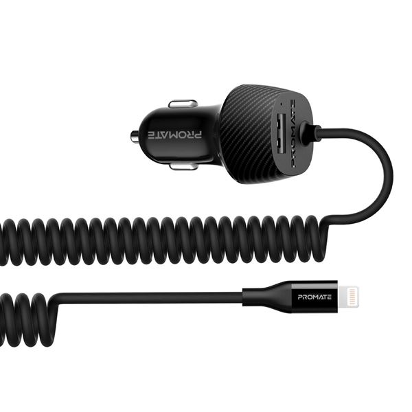 PROMATE 3.4A Dual Car Charger with USB-A Port & Lightning Charging Cable. Charge 2 Devices Simultaneously. Safe Voltage Regulation. Protection Against Over Heating. Colour Black.