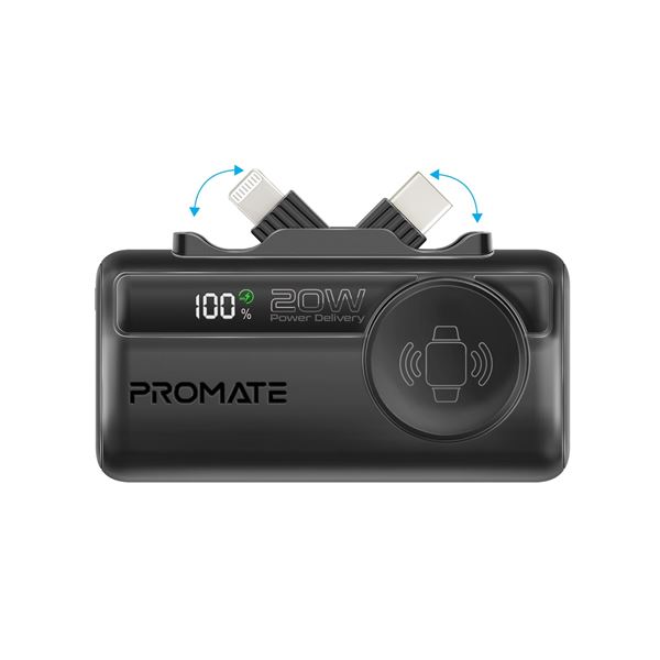 PROMATE 5000mAh Ultra-Compact Fast Charging Power Bank with In-Built Dual Folding USB-C & Lightning Connectors & Apple Watch Charger, Supports 20W PD, USB-C In/Out, Smart LED Battery Indicator. Black