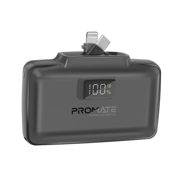 PROMATE 10000mAh Ultra-Compact Fast Charging Power Bank with In-Built Dual Folding USB-C & Lightning Connectors. Supports 20W PD, USB-C In/Out, Smart LED Battery Indicator. Black