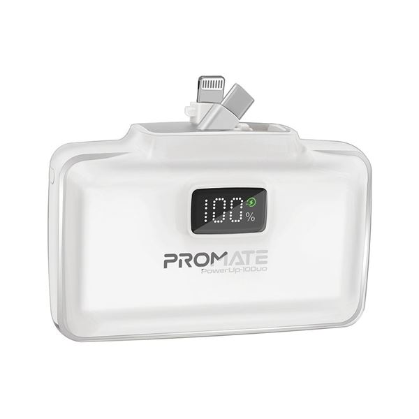 PROMATE 10000mAh Ultra-Compact Fast Charging Power Bank with In-Built Dual Folding USB-C & Lightning Connectors. Supports 20W PD, USB-C In/Out, Smart LED Battery Indicator. White